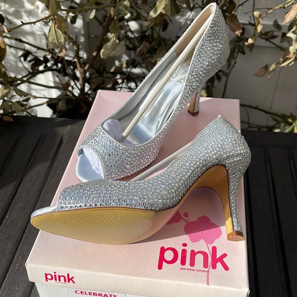 Pink Paradox London - Celebrate - Silver Satin & Rhinestone Peep Toe Heel Size 8 - Picture 4 of 16